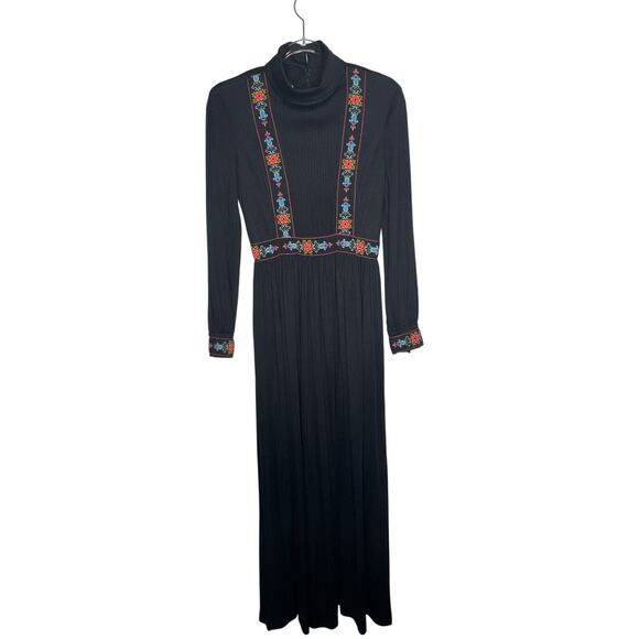 1970s Domino Fashions Black Maxi Dress with Folk Embroidered Trim USA made small - Picture 3 of 14